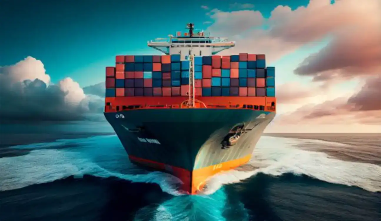 Front view of cargo ship sailing with stacked containers and ocean waves