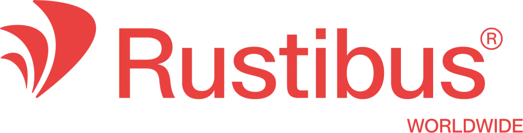 Rustibus Worldwide red logo with abstract mark on left, Rustibus® text and WORLDWIDE below